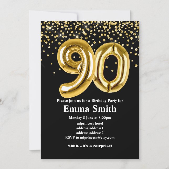 glitter gold balloon for 90th birthday party invitation (Front)