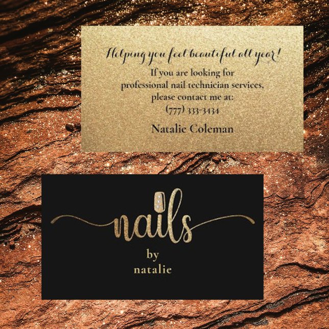 Glitter Gold & Black Nail Technician Business Card (Creator Uploaded)