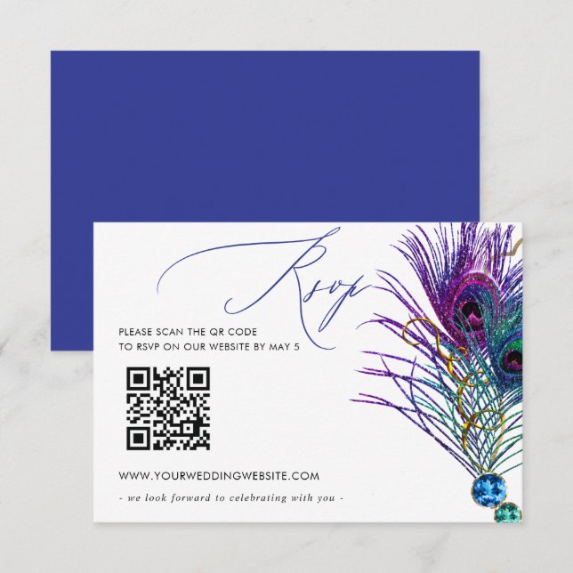 Glitter Gold Blue Purple Peacock Plume QR CODE RSVP Card (Front/Back)