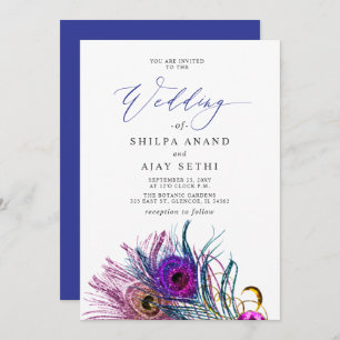 Glitter Gold Blue Purple Peacock Plume Wedding Invitation