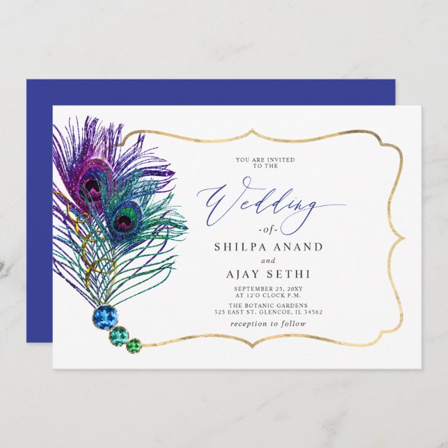 Glitter Gold Blue Purple Peacock Plume Wedding Invitation (Front/Back)