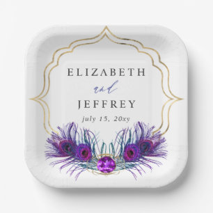Glitter Gold Blue Purple Peacock Plume Wedding Paper Plate