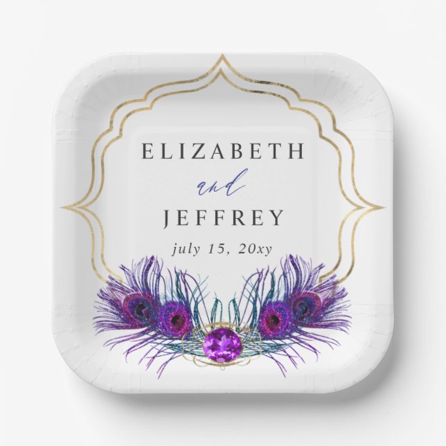 Glitter Gold Blue Purple Peacock Plume Wedding Paper Plate (Front)