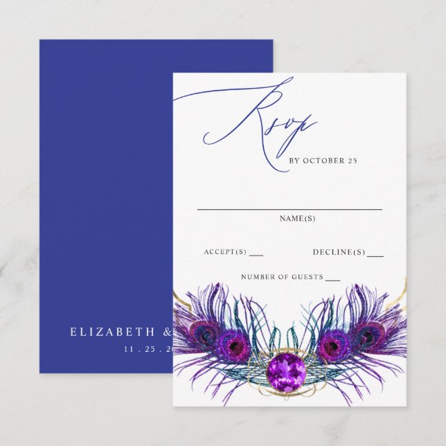 Glitter Gold Blue Purple Peacock Plume Wedding  RSVP Card (Front/Back)