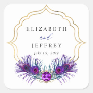 Glitter Gold Blue Purple Peacock Plume Wedding Square Sticker