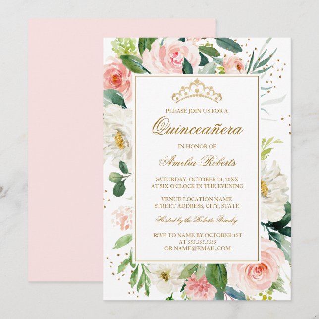 Glitter Gold Blush Floral Quinceanera Birthday I Invitation (Front/Back)
