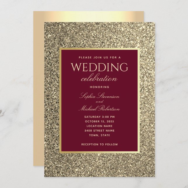Glitter Gold Burgundy Calligraphy Wedding Invitation (Front/Back)