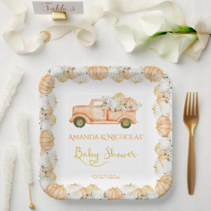 Glitter Gold Cute Pumpkins Truck Baby Shower Paper Plate