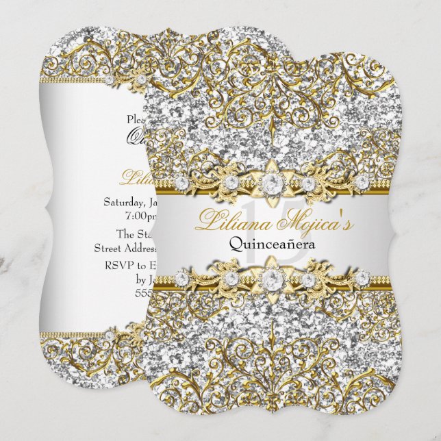 Glitter Gold Damask Quinceanera Invite (Front/Back)
