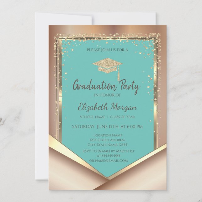 Glitter Gold Diamonds Mint Green Graduation  Invitation (Front)