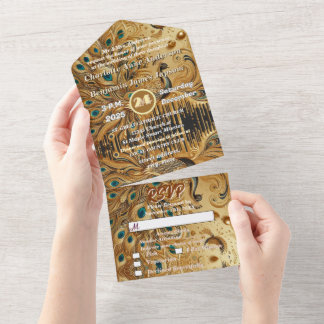 Glitter Gold Dripping Elegant Peacock All In One Invitation