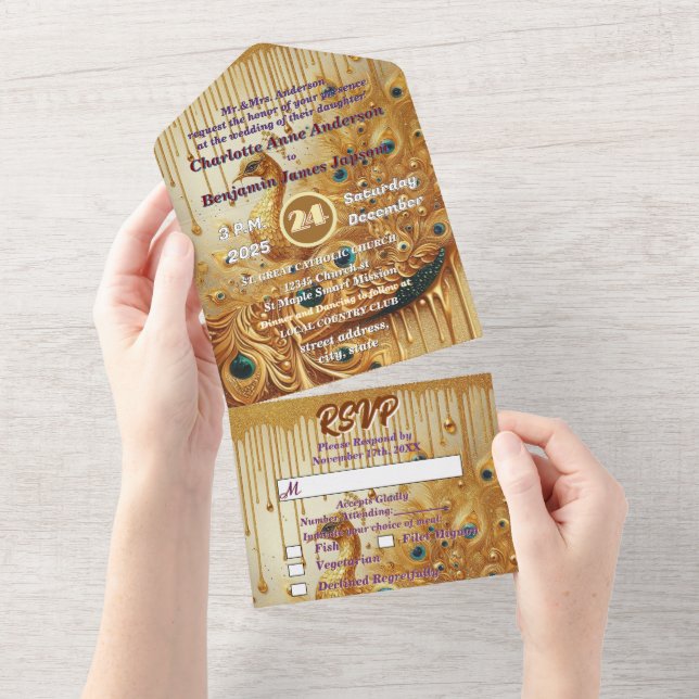 Glitter Gold Dripping Elegant Peacock All In One Invitation (Tearaway)