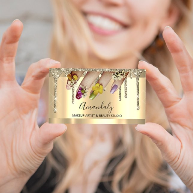 Glitter Gold Drips Nail Manicure Floral Business Card (Glitter Gold Drips Nail Manicure Floral Business Card)