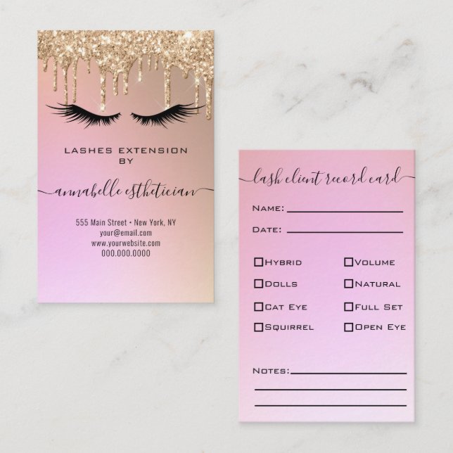 Glitter Gold  Eyelash Extension Client Record Busi Business Card (Front/Back)