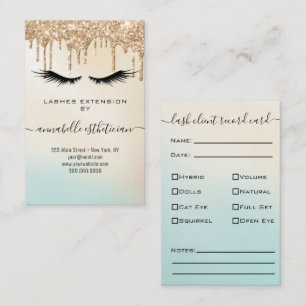 Glitter Gold Eyelash Extension Client Record Business Card