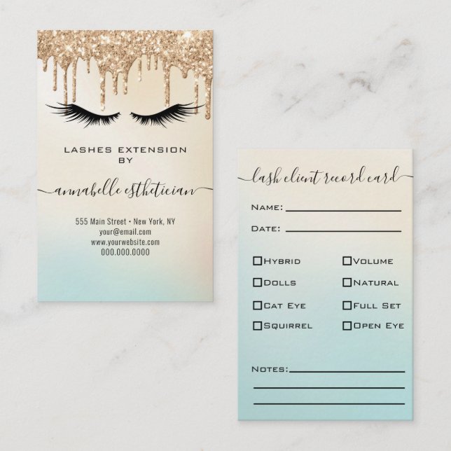 Glitter Gold  Eyelash Extension Client Record Business Card (Front/Back)