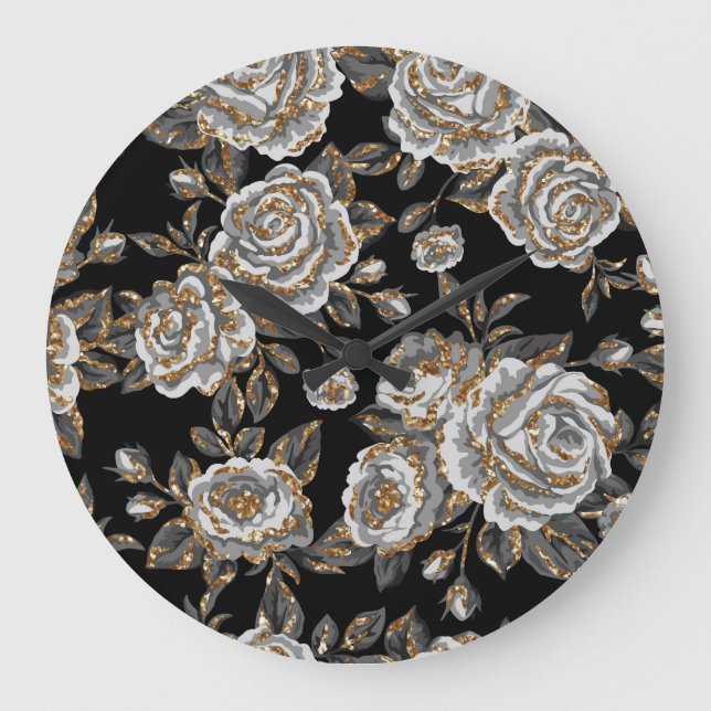 Glitter Gold Floral: Sparkle Vintage. Large Clock (Front)