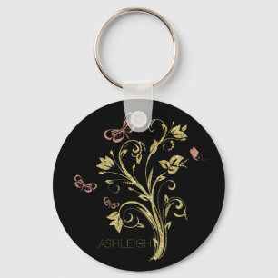 Glitter Gold Flourish Butterfly Personalised Key Ring
