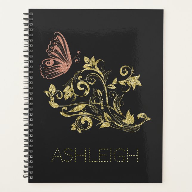 Glitter Gold Flourish Butterfly Personalised Planner (Front)