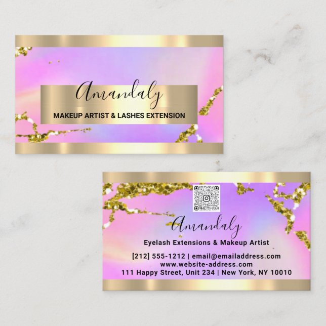 Glitter Gold Frame Event Planner QR Code Pink Business Card (Front/Back)