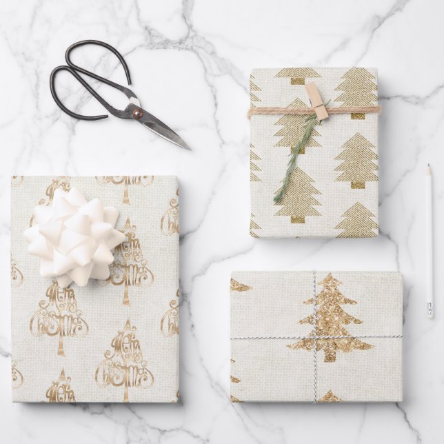 Glitter Gold Glam Christmas Trees Wrapping Paper Sheet (Front)