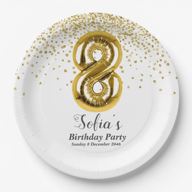 glitter gold , golden sparkle 8th birthday paper plate (Front)