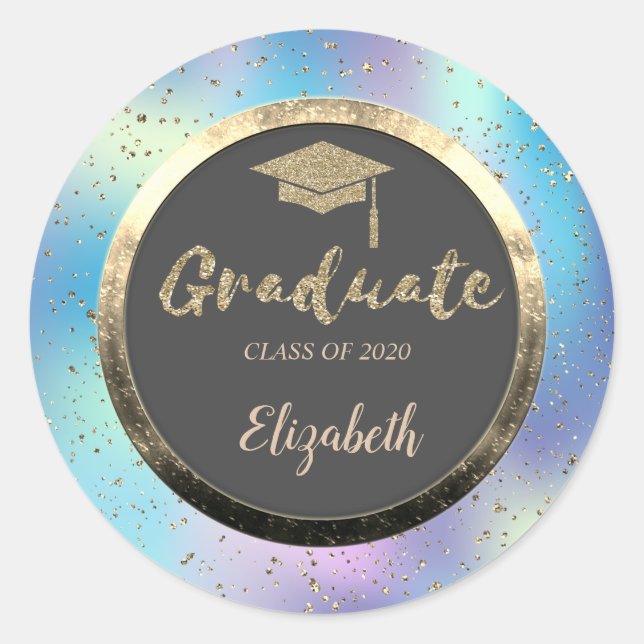 Glitter Gold Grad Cap,Confetti,Holographic Classic Round Sticker (Front)
