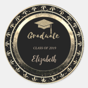 Glitter Gold Grad Cap,Confetti  - Personalised Classic Round Sticker