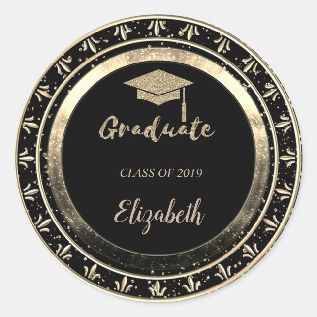 Glitter Gold Grad Cap,Confetti  - Personalised Classic Round Sticker (Front)