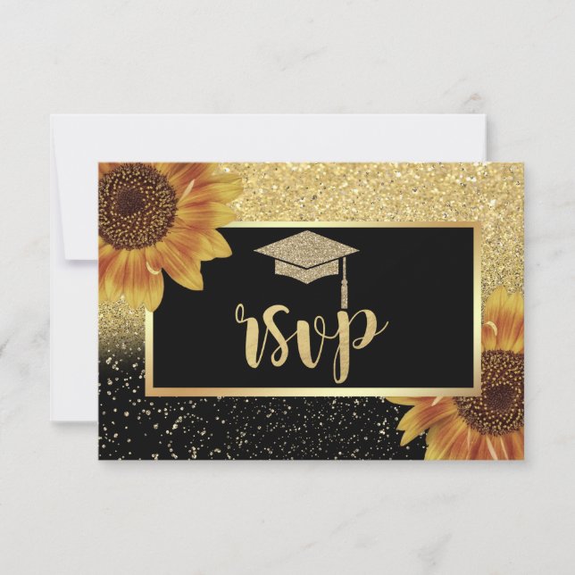 Glitter Gold Grad Cap, Sunflowers Graduation Party RSVP Card (Front)