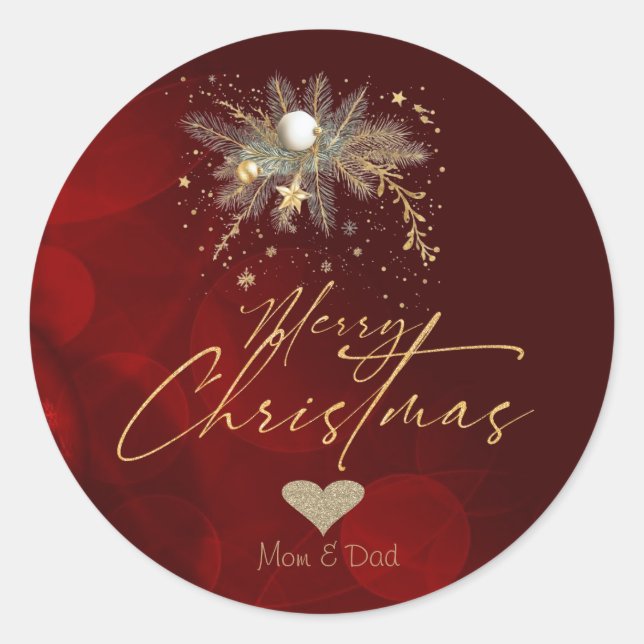 Glitter Gold Heart, Christmas Ornaments Branch Red Classic Round Sticker (Front)