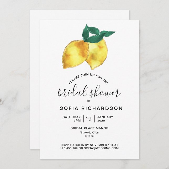 Glitter Gold Lemon Citrus Greenery Summer Invitation (Front/Back)
