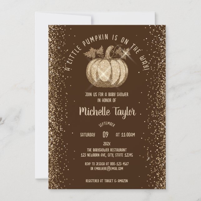 Glitter Gold Little Pumpkin Fall Baby Shower Invitation (Front)