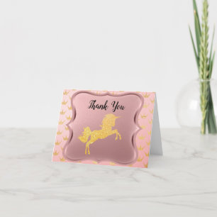 Glitter Gold Magical Unicorn on Pink Rose Gold Thank You Card