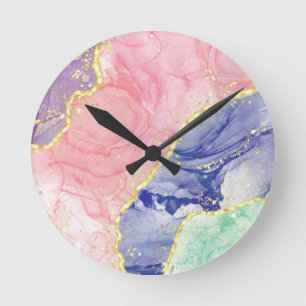 Glitter Gold Marble Pastel Colours  Round Clock