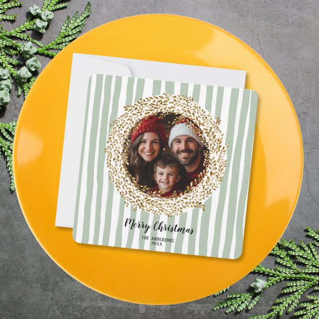 Glitter Gold Merry Christmas Wreath Family Photo  Invitation (Creator Uploaded)