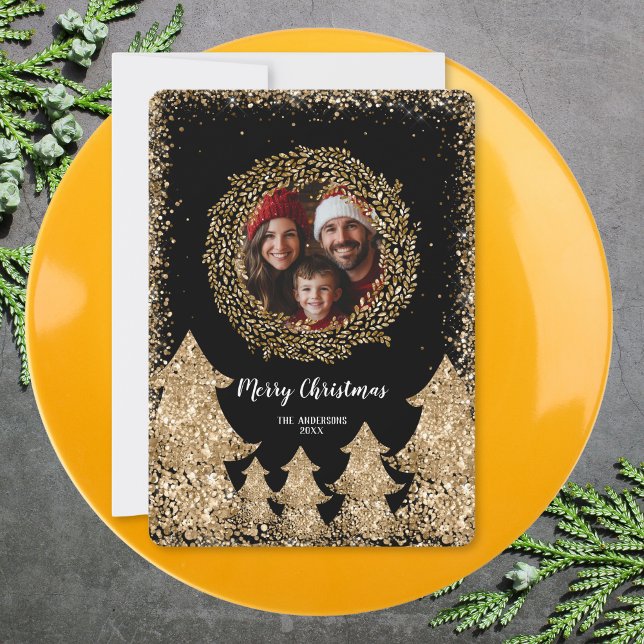 Glitter Gold  Merry Christmas Wreath Family Photo  Invitation (Creator Uploaded)