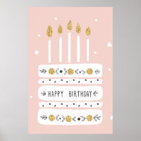 Glitter Gold Pastel Birthday Cake Illustration