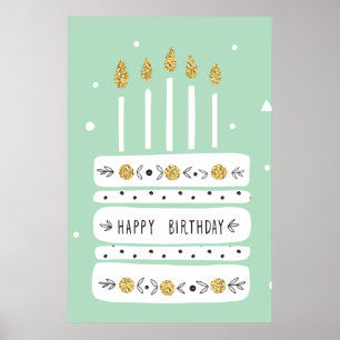 Glitter Gold Pastel Birthday Cake Illustration Poster