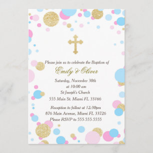 Glitter Gold Pink Blue Twins Baptism Invitation