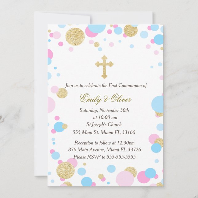 Glitter Gold Pink Blue Twins Communion Invitation (Front)