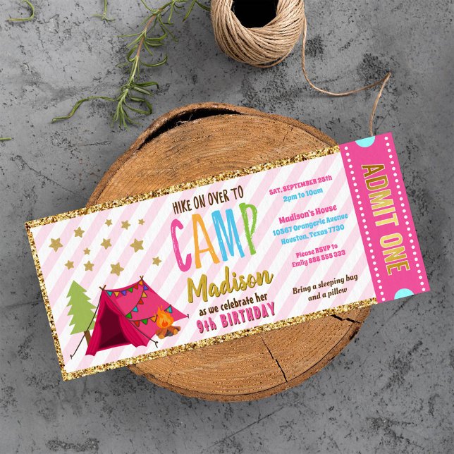 Glitter Gold Pink Glamping Ticket Pass Birthday Invitation (Creator Uploaded)