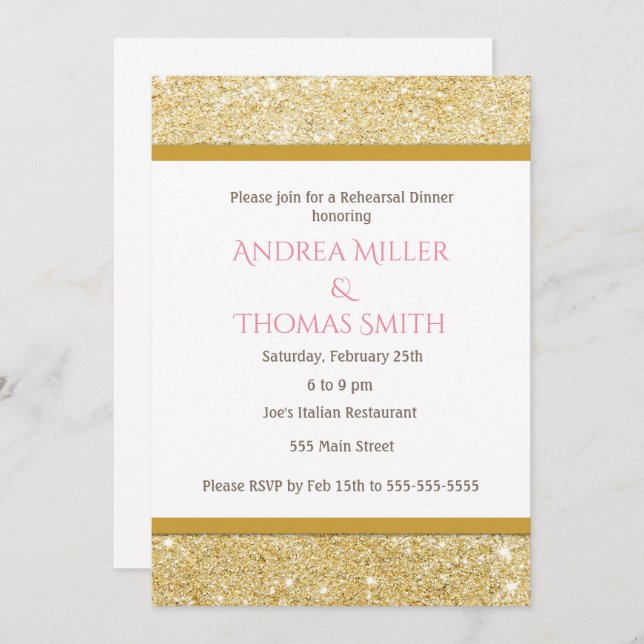 Glitter Gold Pink Rehearsal Dinner Invitation (Front/Back)