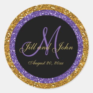 Glitter Gold Purple Wedding Monogram Seals Sticker