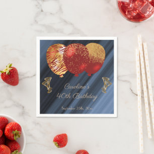 Glitter & Gold Red Balloons Birthday Napkin