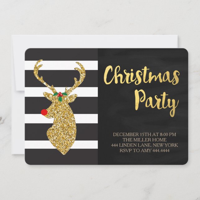 Glitter Gold Reindeer Christmas Party Invitations (Front)