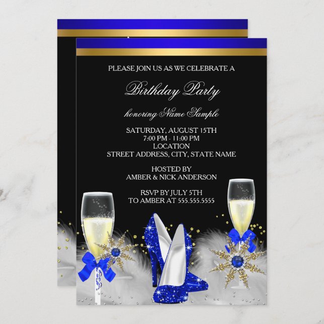 Glitter Gold Royal Blue Heels Black Champagne Invitation (Front/Back)