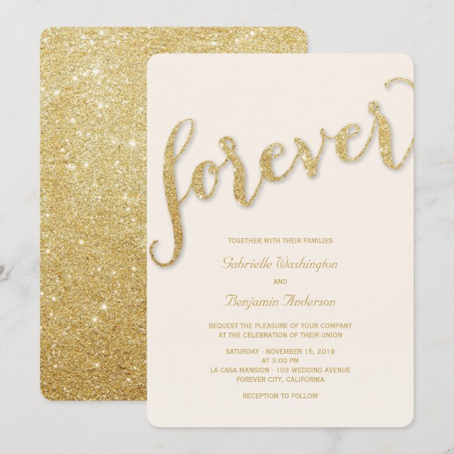 Glitter Gold Script Forever Wedding Invite (Front/Back)