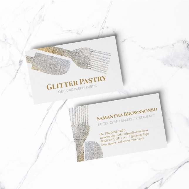 Glitter gold silver pastry bakery cook business card (bakery business  chef)