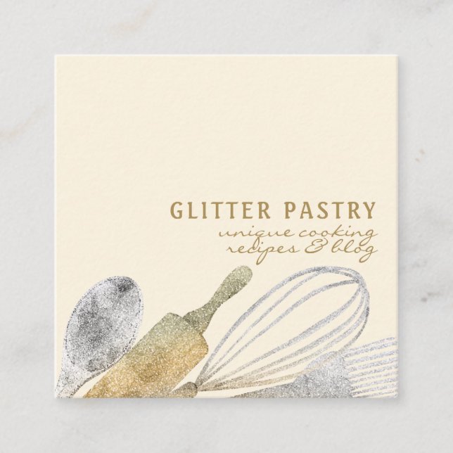 Glitter gold silver pastry bakery cook luxury sign square business card (Front)